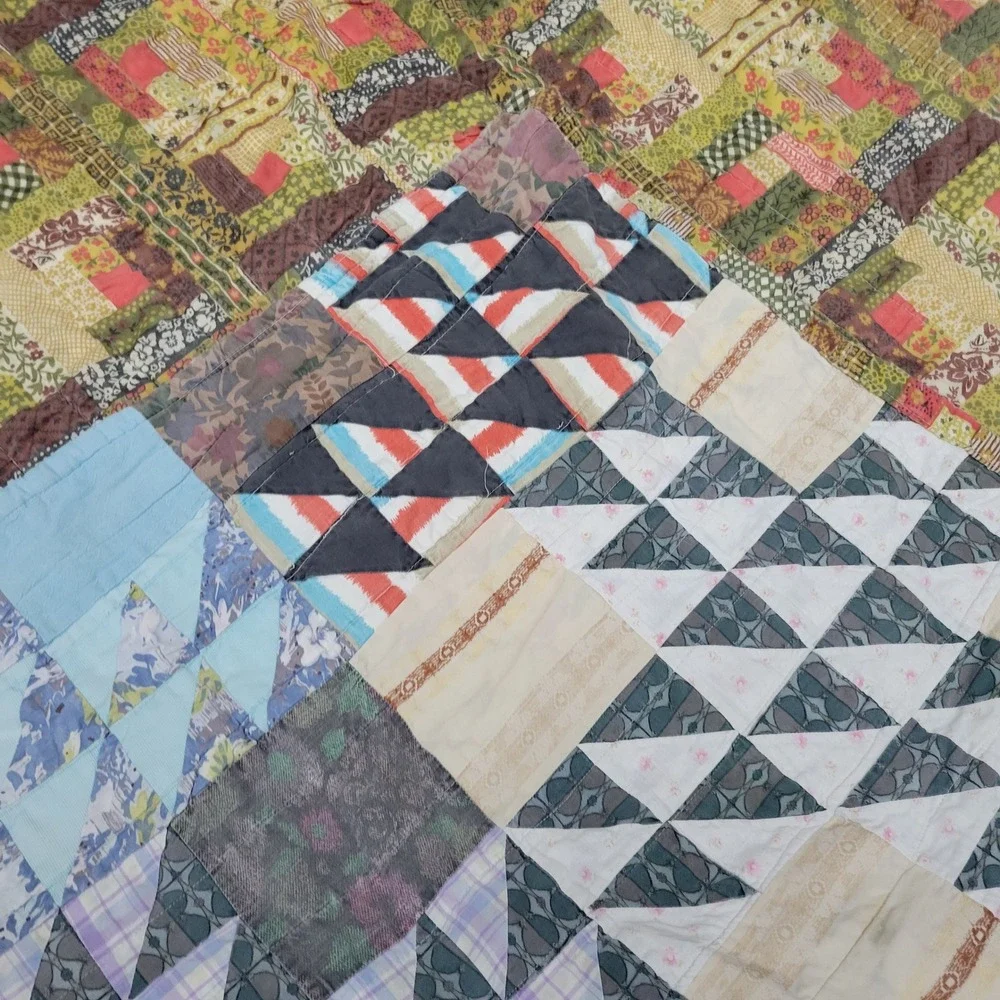 Vtg Handmade Patchwork Quilt Reversible 74x69 Farmhouse Throw Machine Stitch